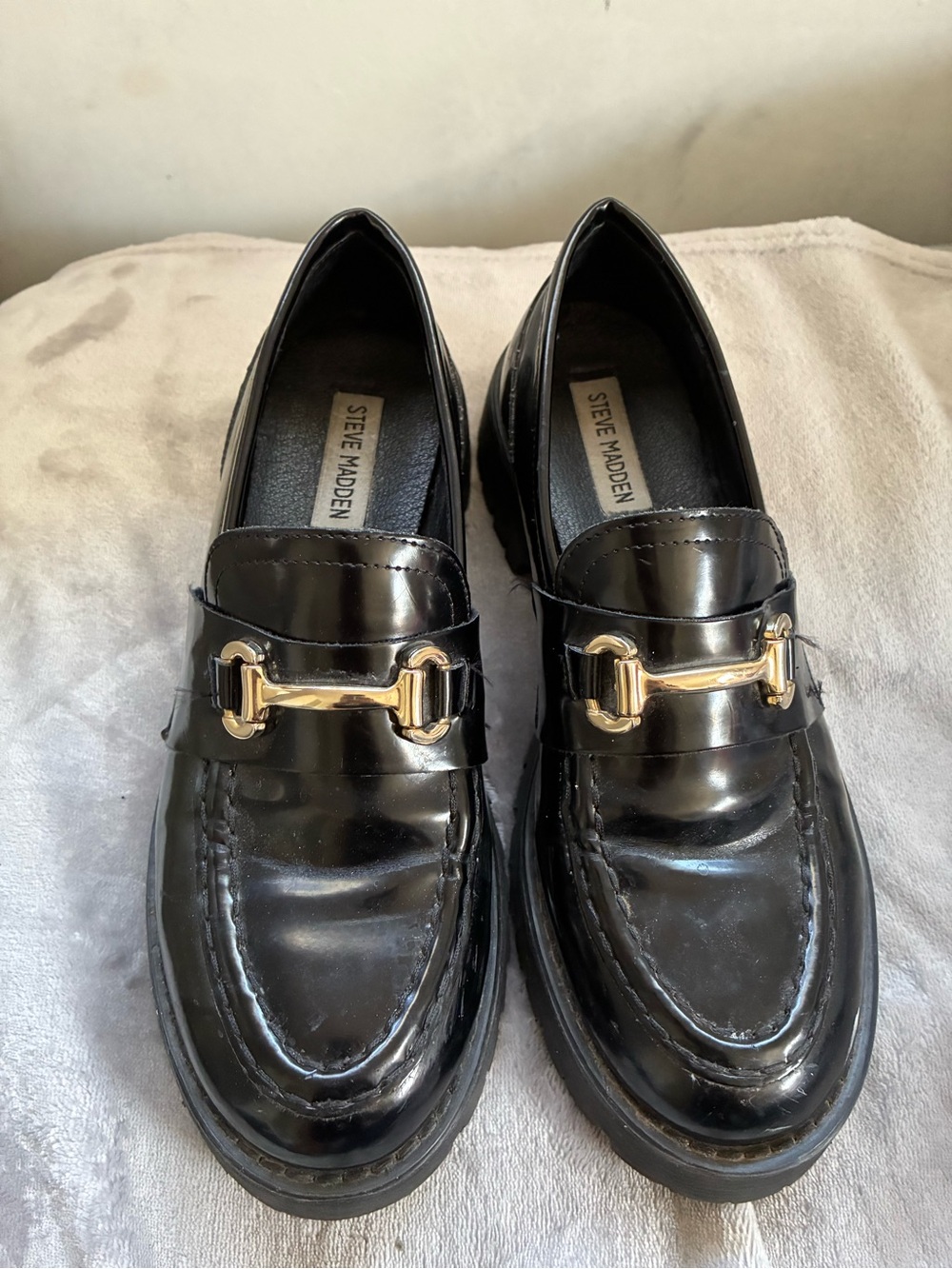 Steve Madden Black Patent Loafers with Gold Hardware